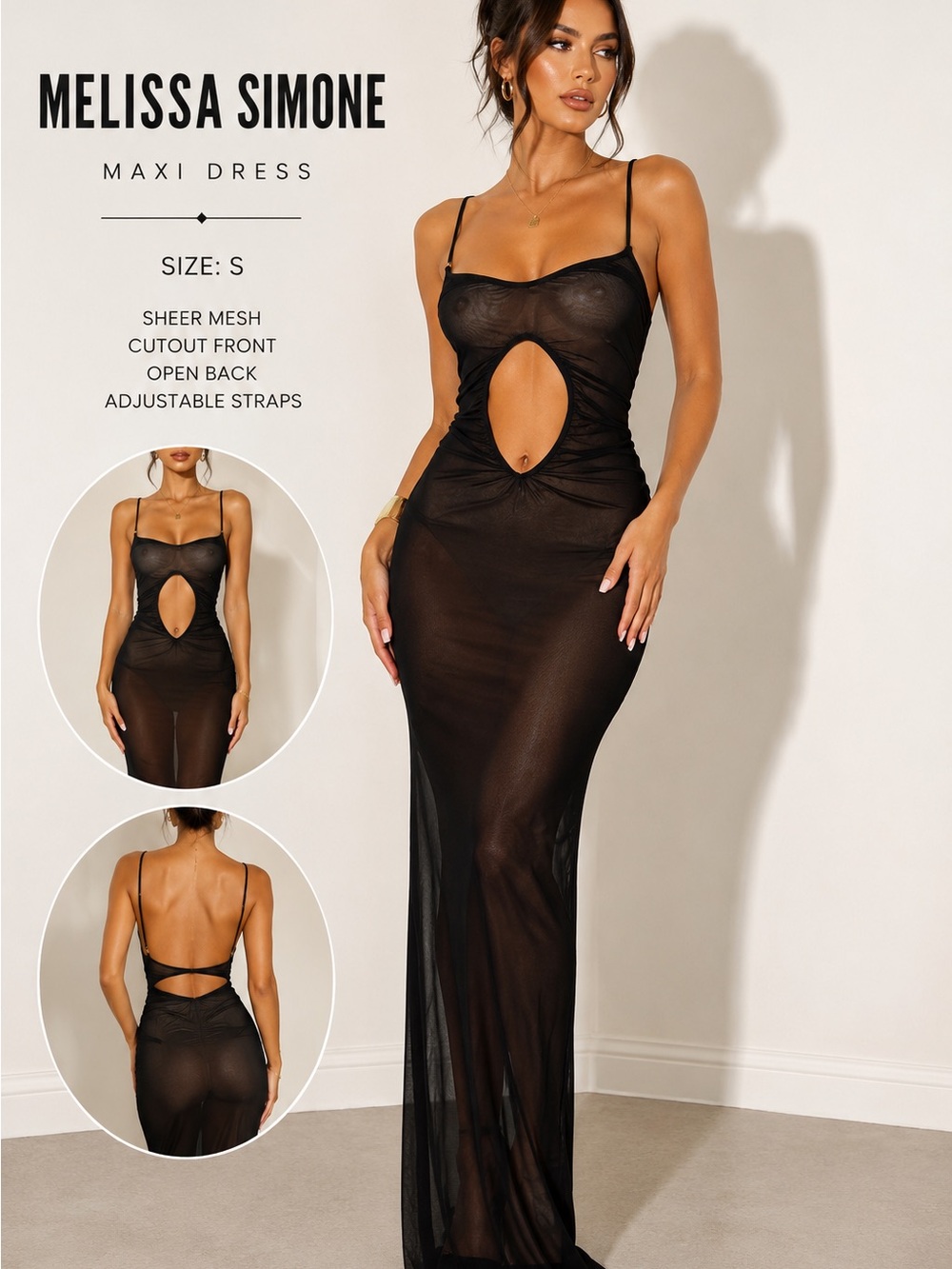 Black Sheer Cutout Maxi Chemise with Spaghetti Straps